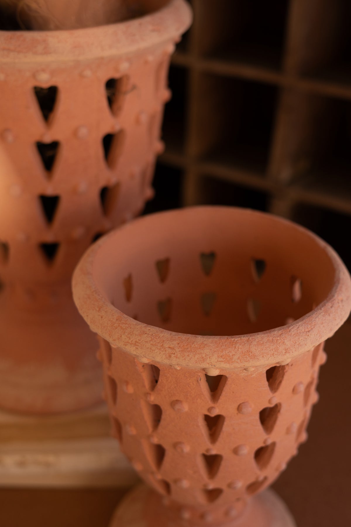 Set of Two Concrete Perforrated Urns - Terracotta
