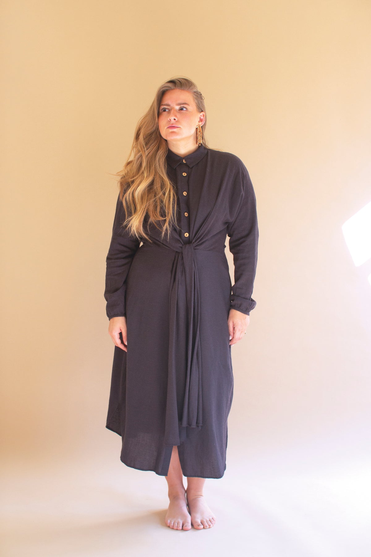 Long-Sleeve Buttondown Dress with Front-Tie - Midnight