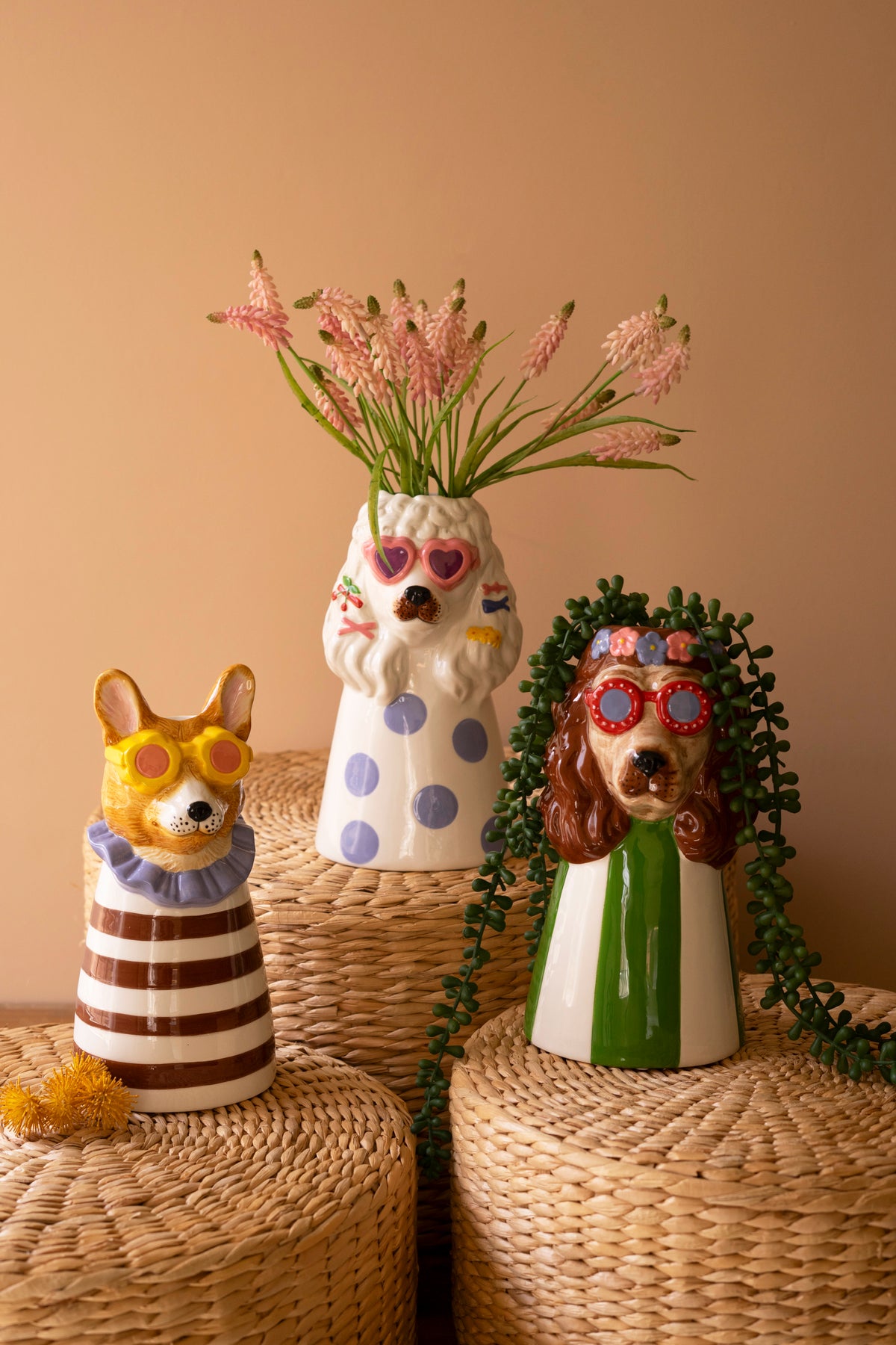 Set of Three Ceramic Dogs with Sun Shades Vases