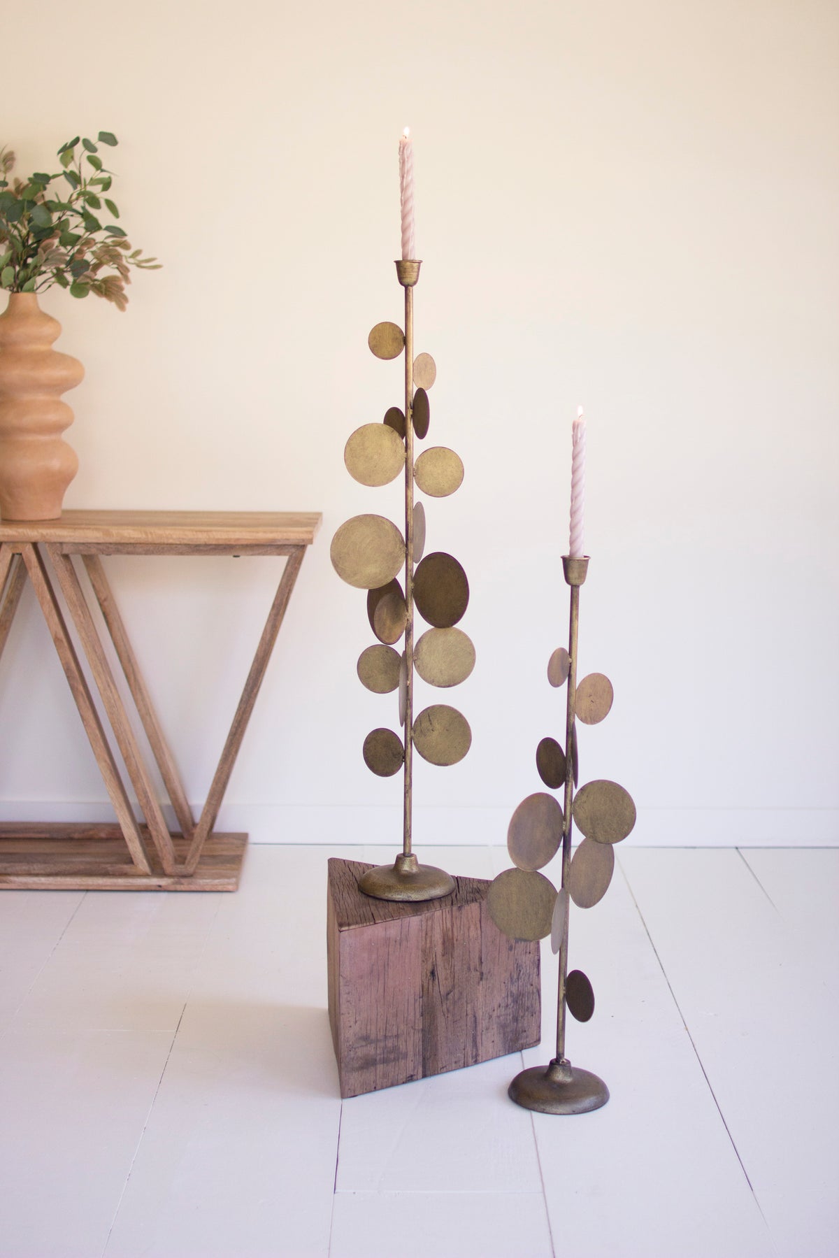 Set of Two Antique Brass Candle Holders with Round Discs Detail