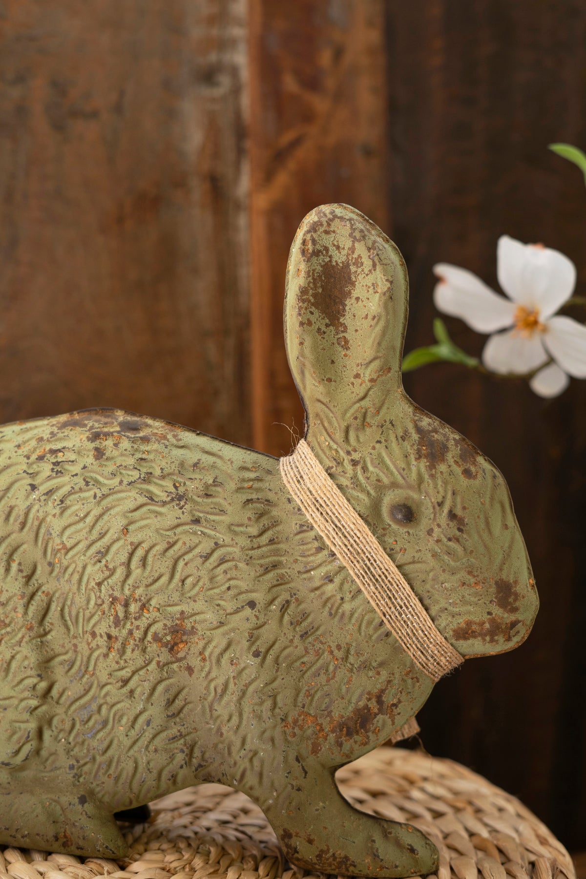 Set of Two Painted Metal Rabbits - Green and White