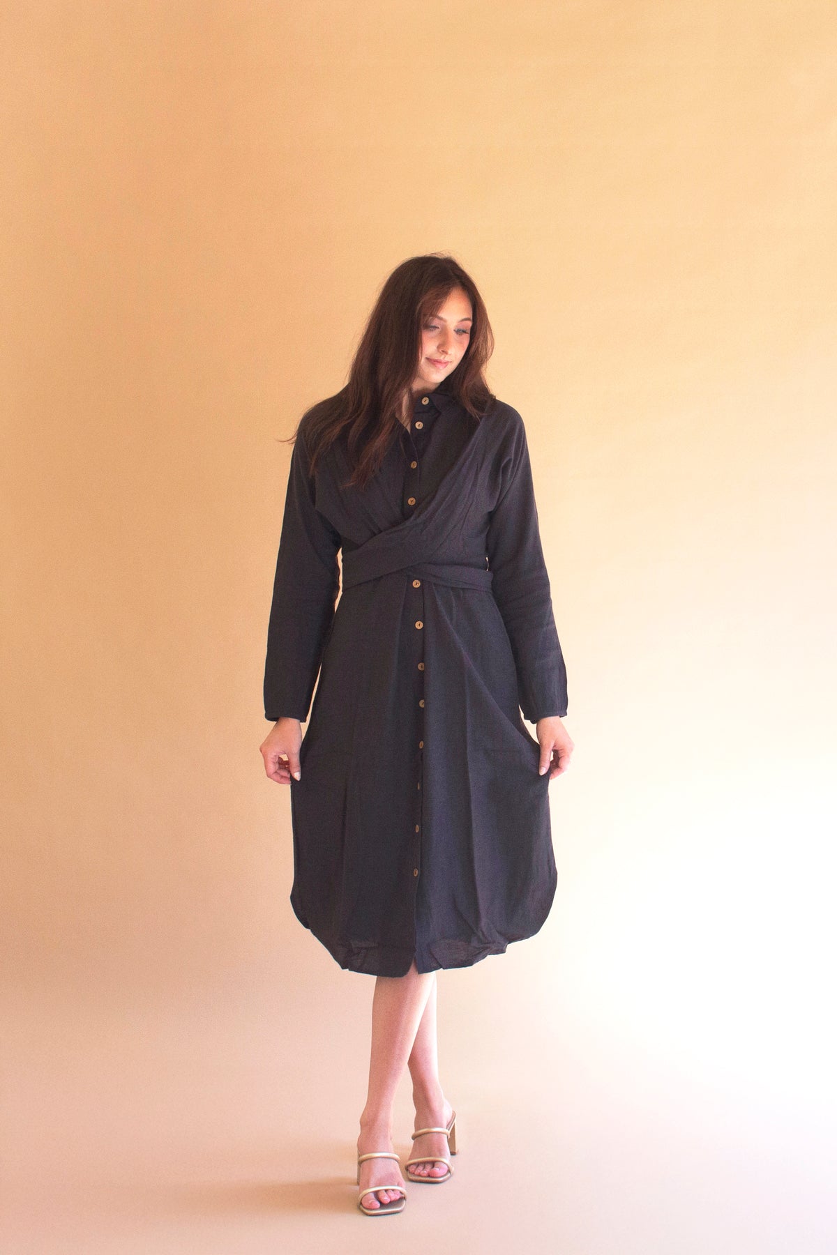 Long-Sleeve Buttondown Dress with Front-Tie - Midnight