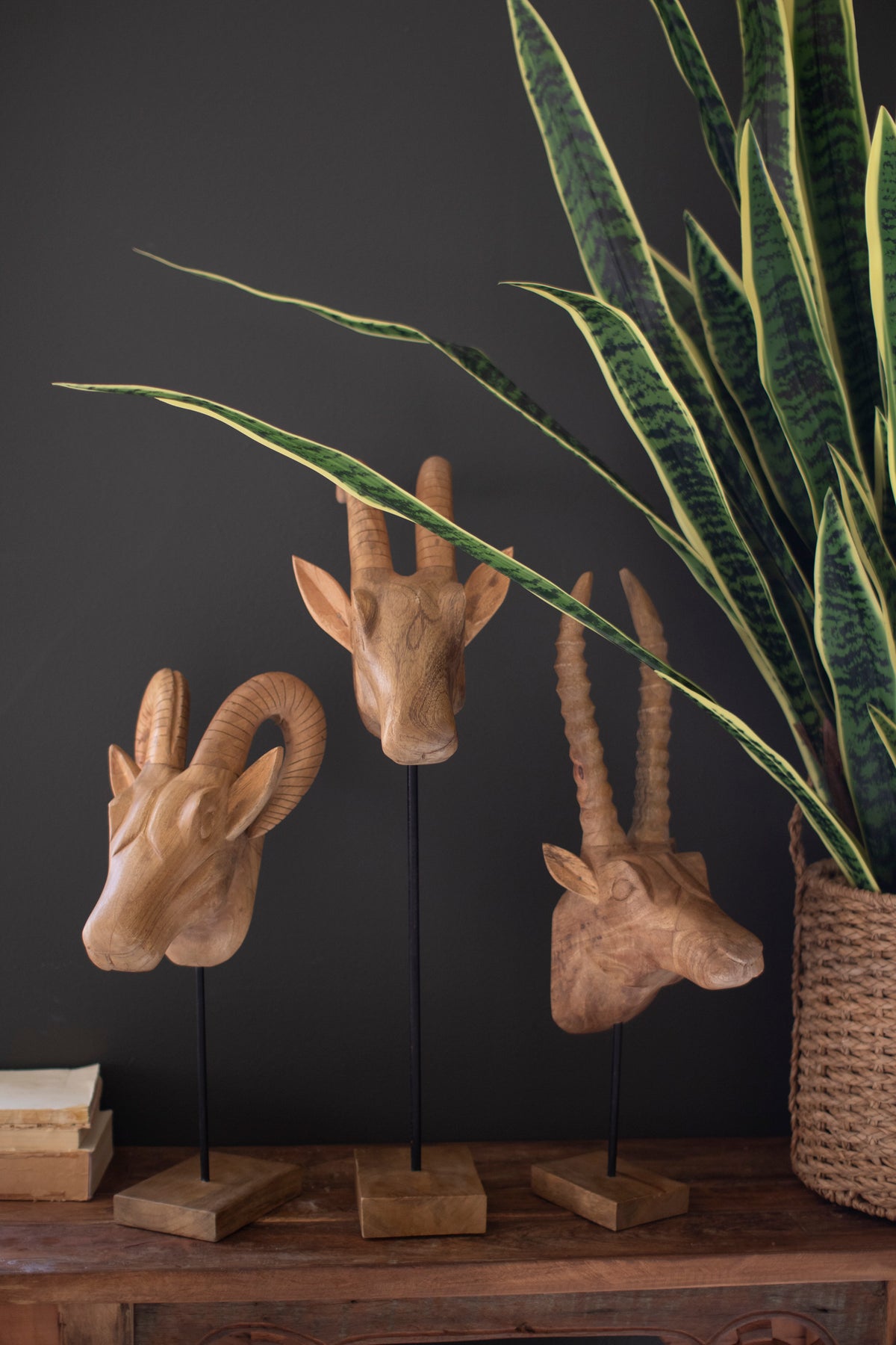 Set of Three Carved Mango Wood African Animal Heads