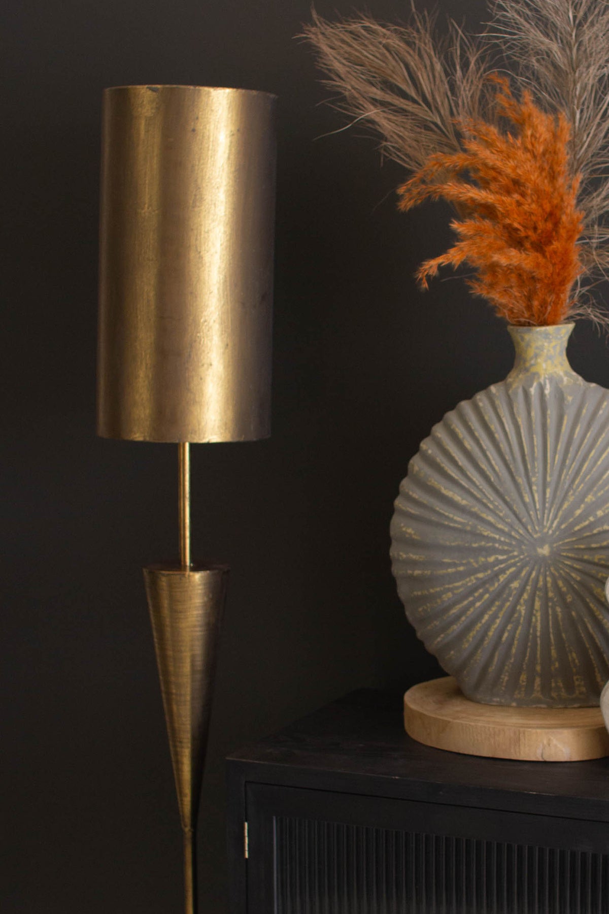Antique Gold Floor Lamp with Metal Barrel Shade