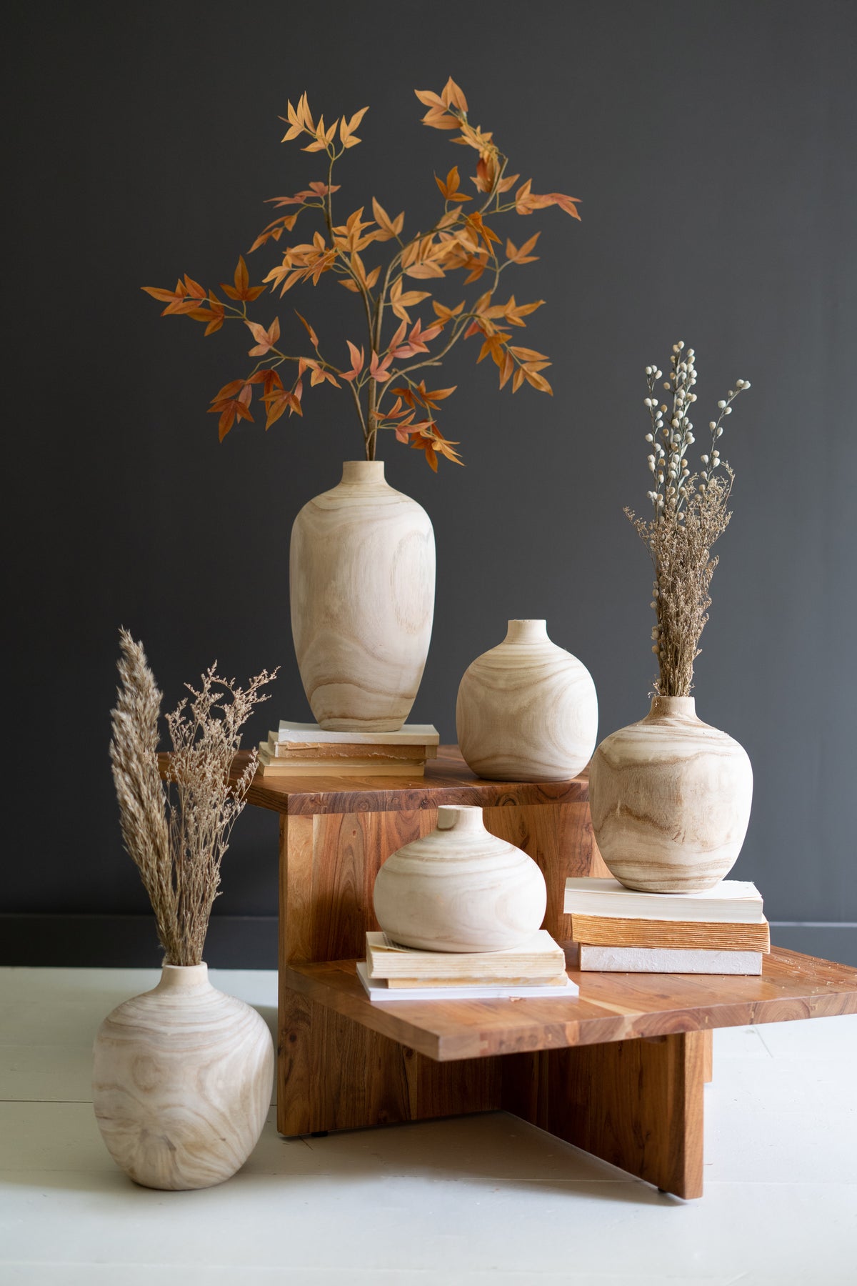 Set of Five Carved Wooden Bulb Vases - One Each Design