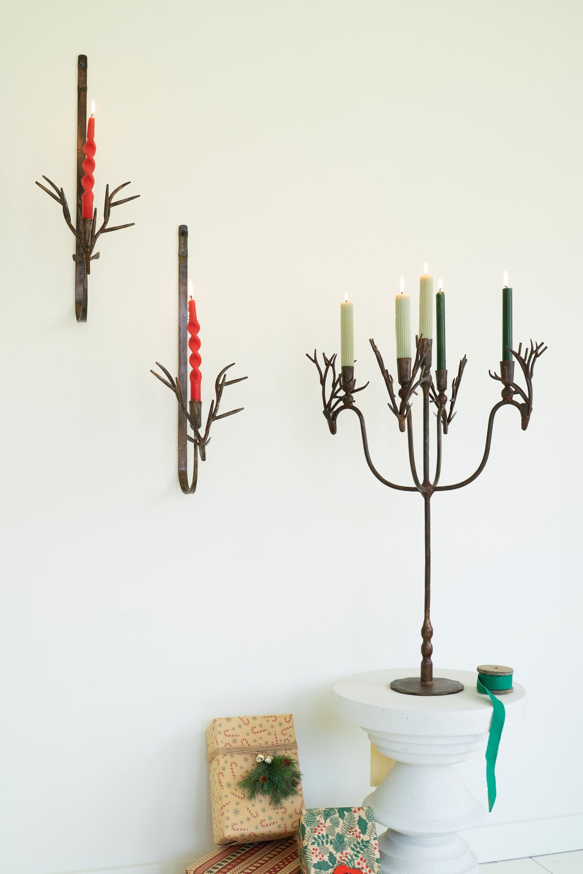 Set of Two Forged Rustic Brass Deer Taper Wall Sconces