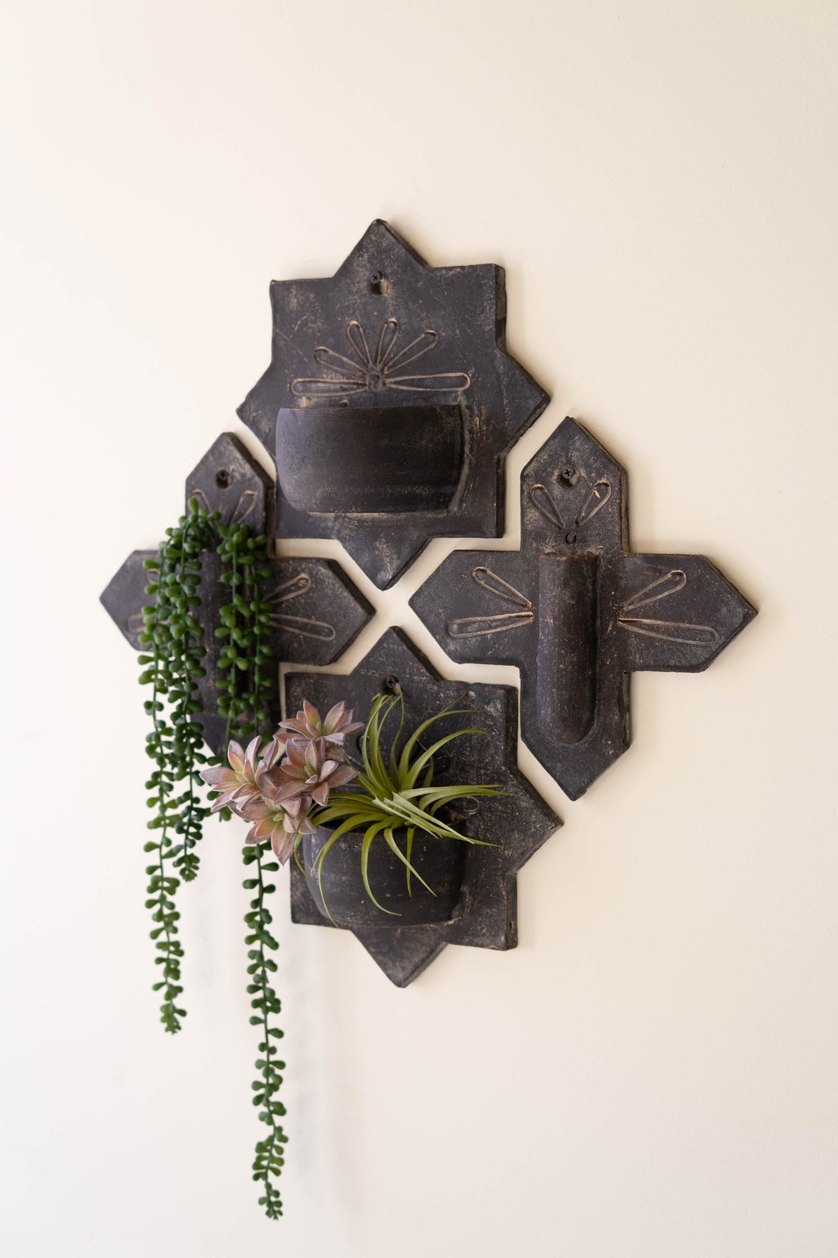 Set of Four Black-Wash Clay Wall Planters