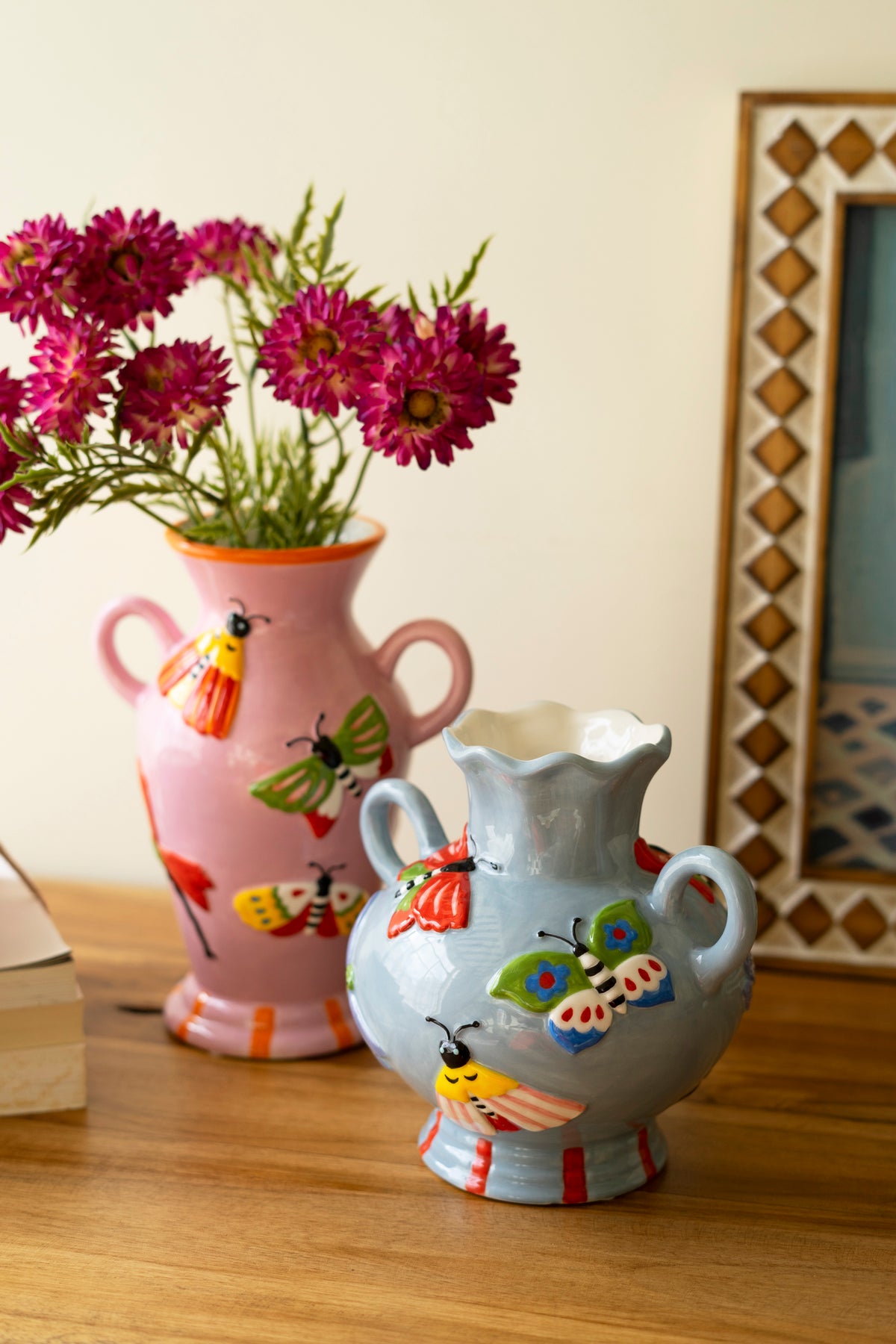 Set of Two Ceramic Butterfly and Moth Vases