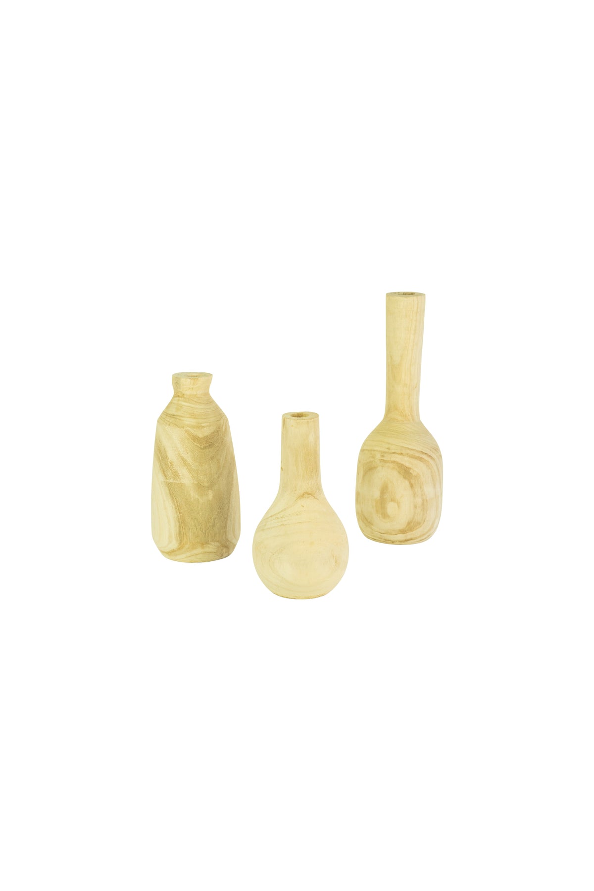 Set of Three Hand-Carved Tall Wooden Bottles