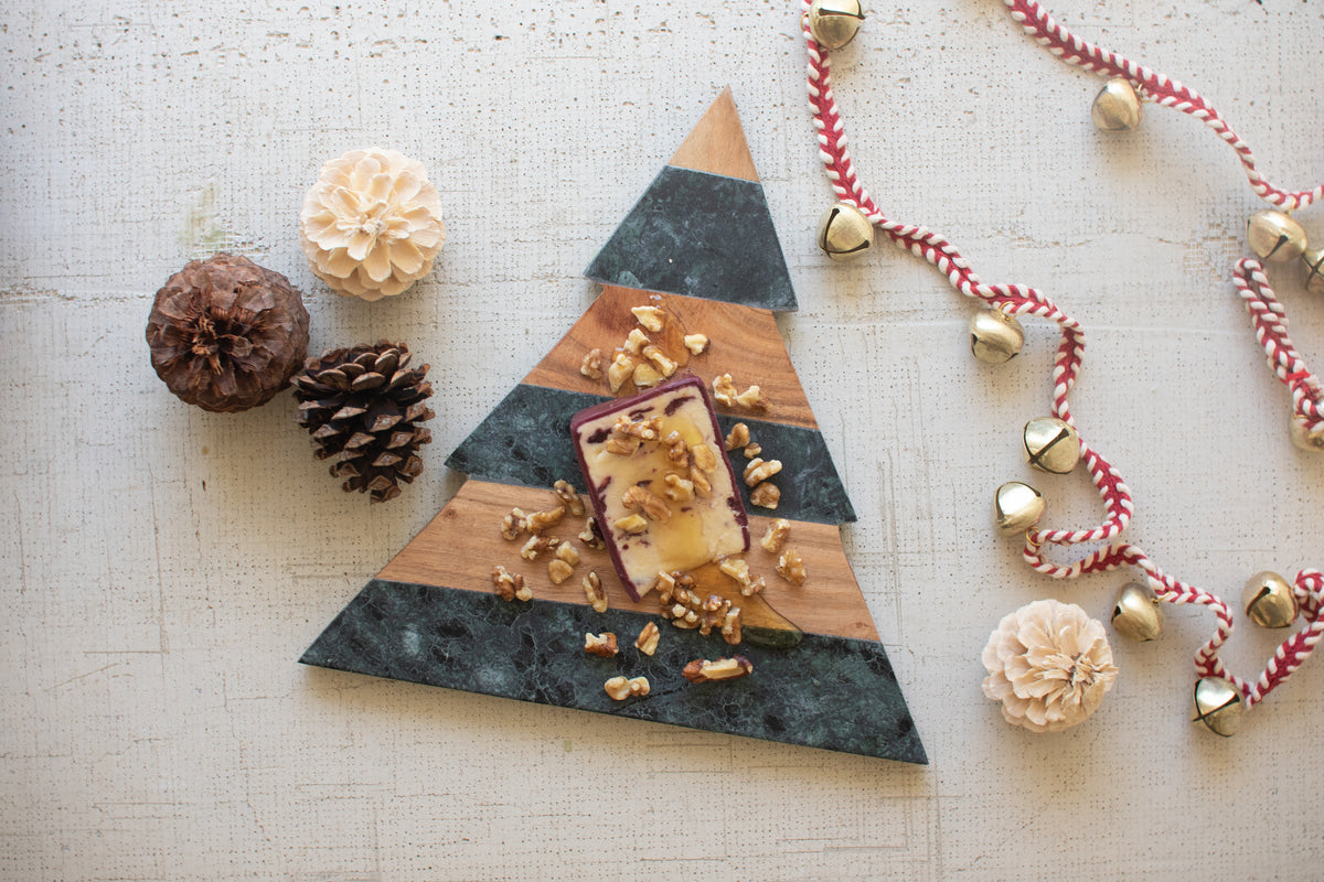 Green Marble and Acacia Wood Christmas Tree Cutting Board