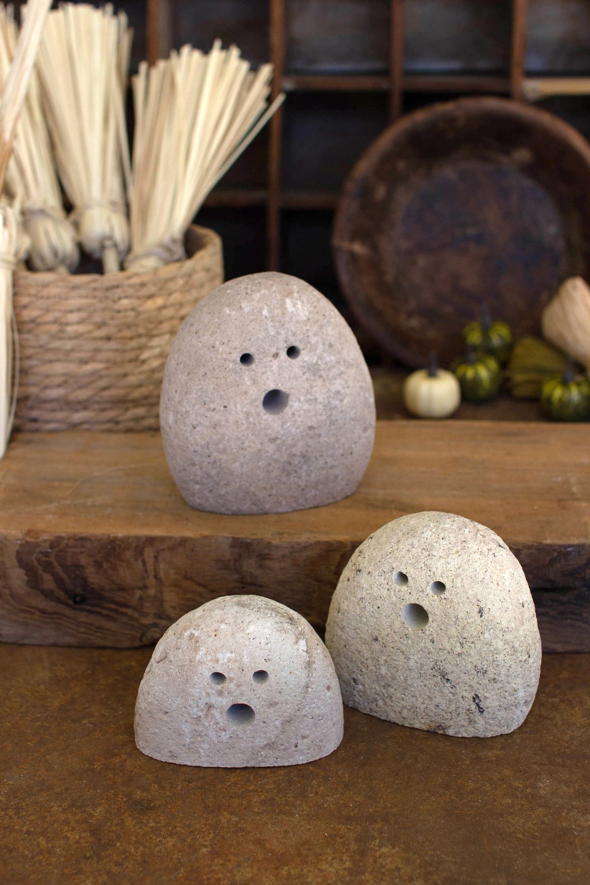 Set of Three Tabletop River Rock Ghosts