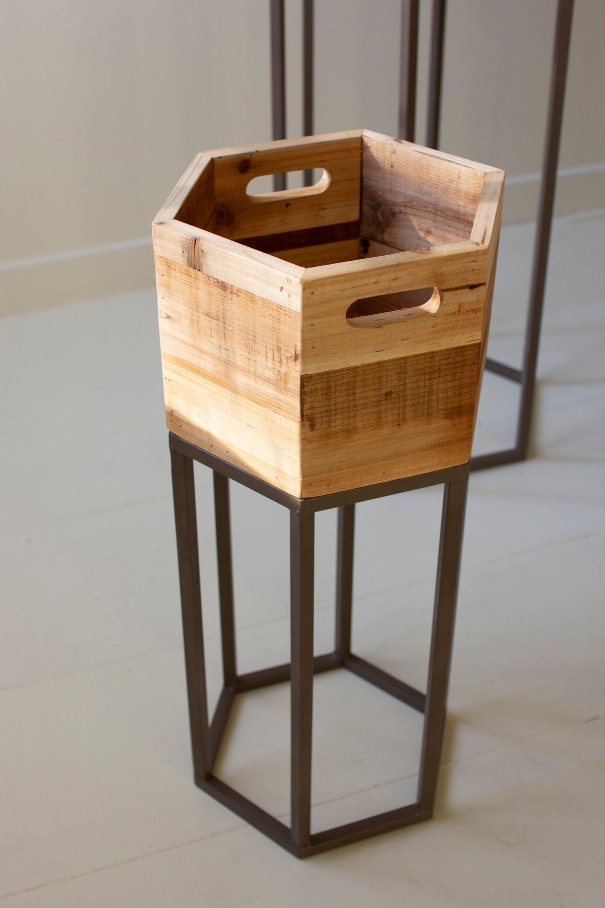 Set of Three Hexagon Recycled Wood Planters on Metal Bases