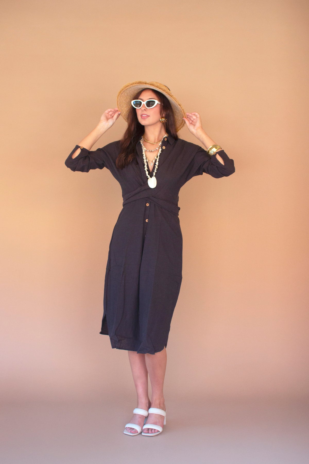 Long-Sleeve Buttondown Dress with Front-Tie - Midnight