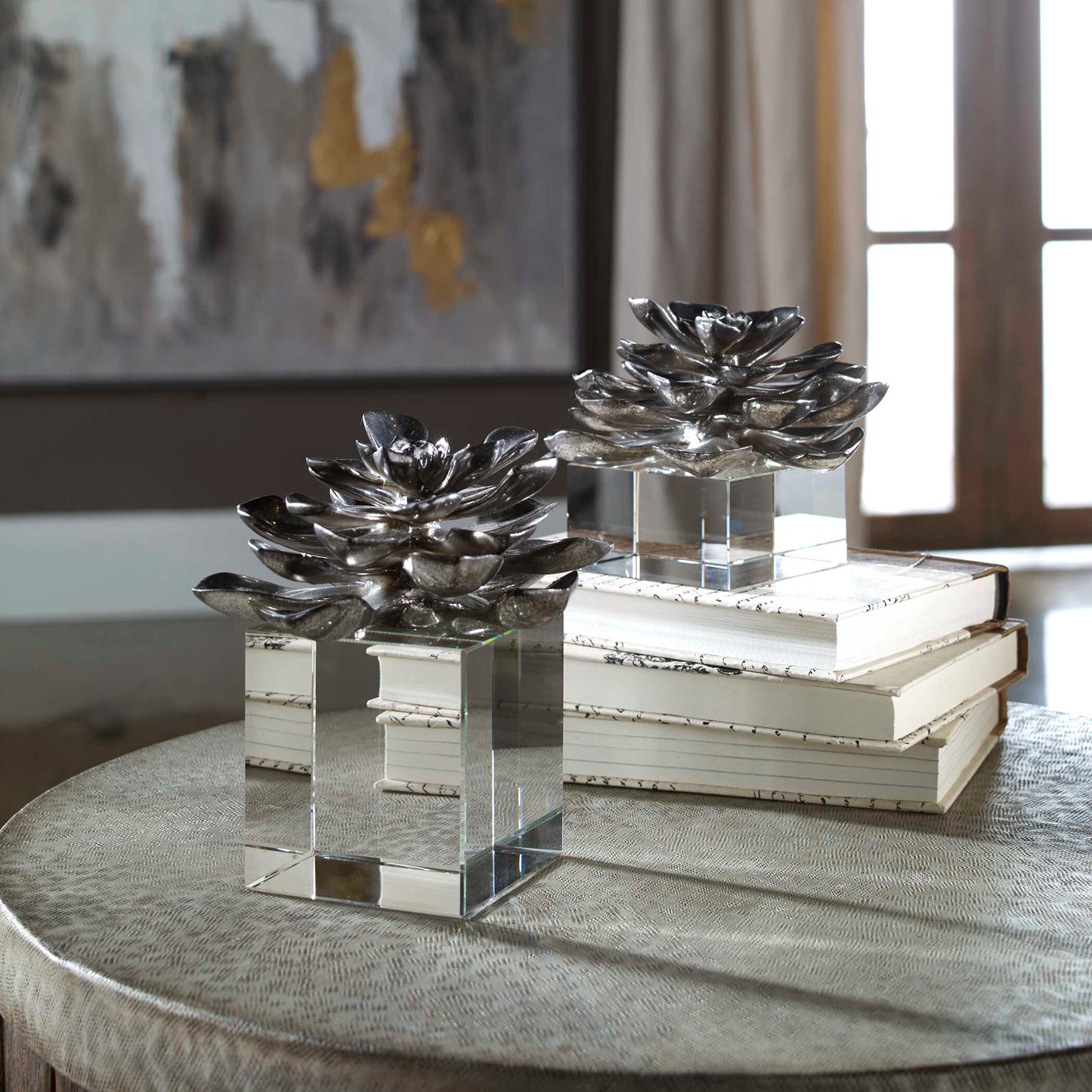 Indian Lotus Metallic Silver Flowers Set/2