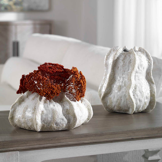 Urchin Textured Ivory Vases Set/2