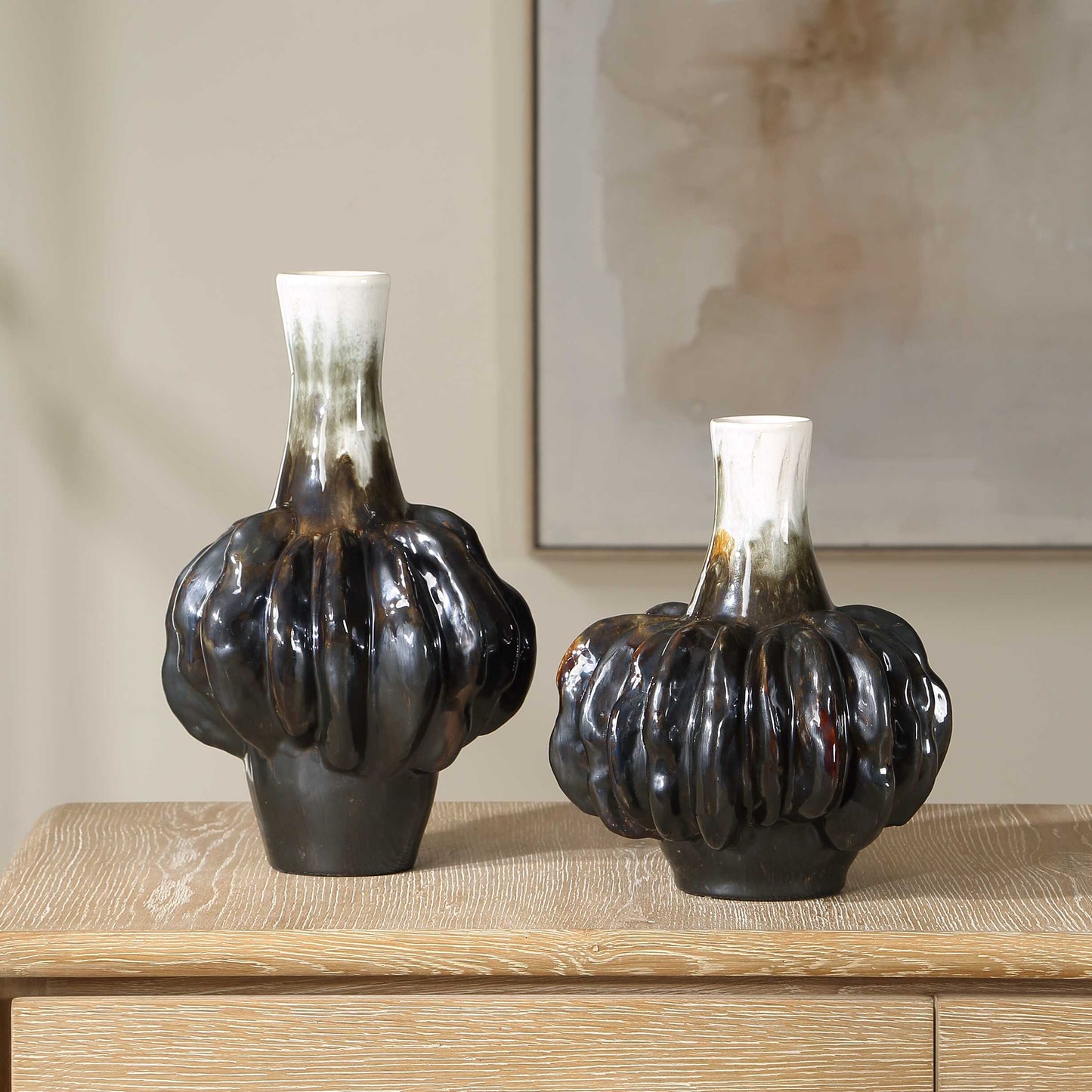 Umbrian White & Brown Gourd Vases Set/2
