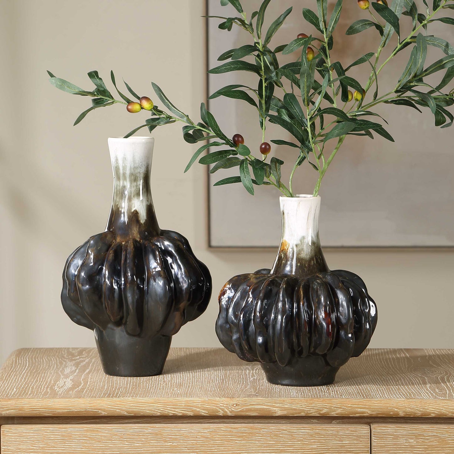 Umbrian White & Brown Gourd Vases Set/2