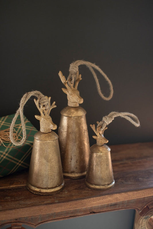 Antique Gold Christmas Bells with Deer Finials - Set of 3