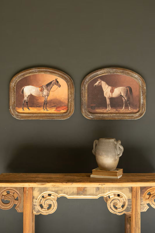 Arched Framed Horse Prints under Glass - Set of 2