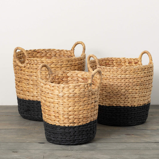 Black Banded Woven Baskets - Set of 3