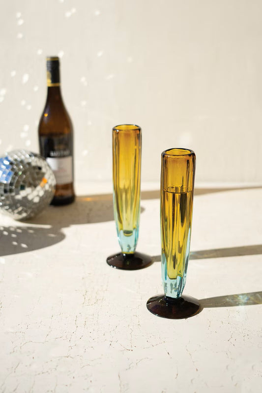 Blue and Amber Recycled Champagne Glasses - Set of 6