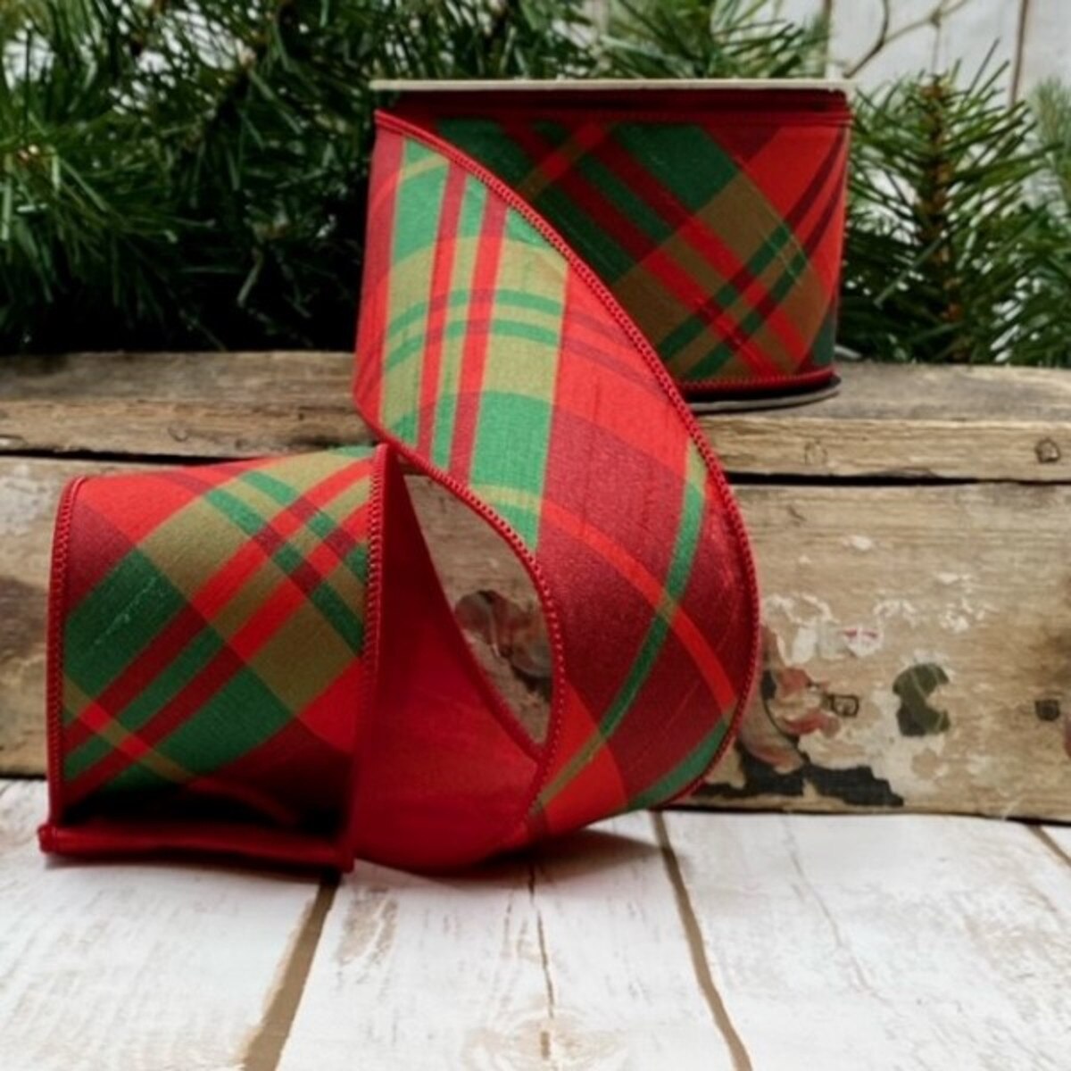 Diagonal Red/Green Plaid Ribbon - 2.5 in