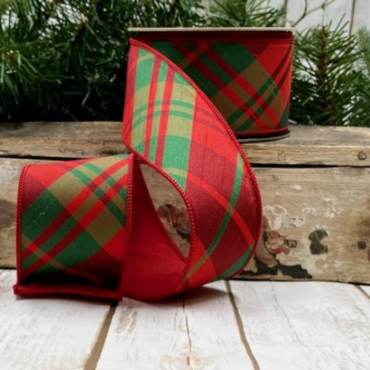 Diagonal Red/Green Plaid Ribbon - 2.5 in