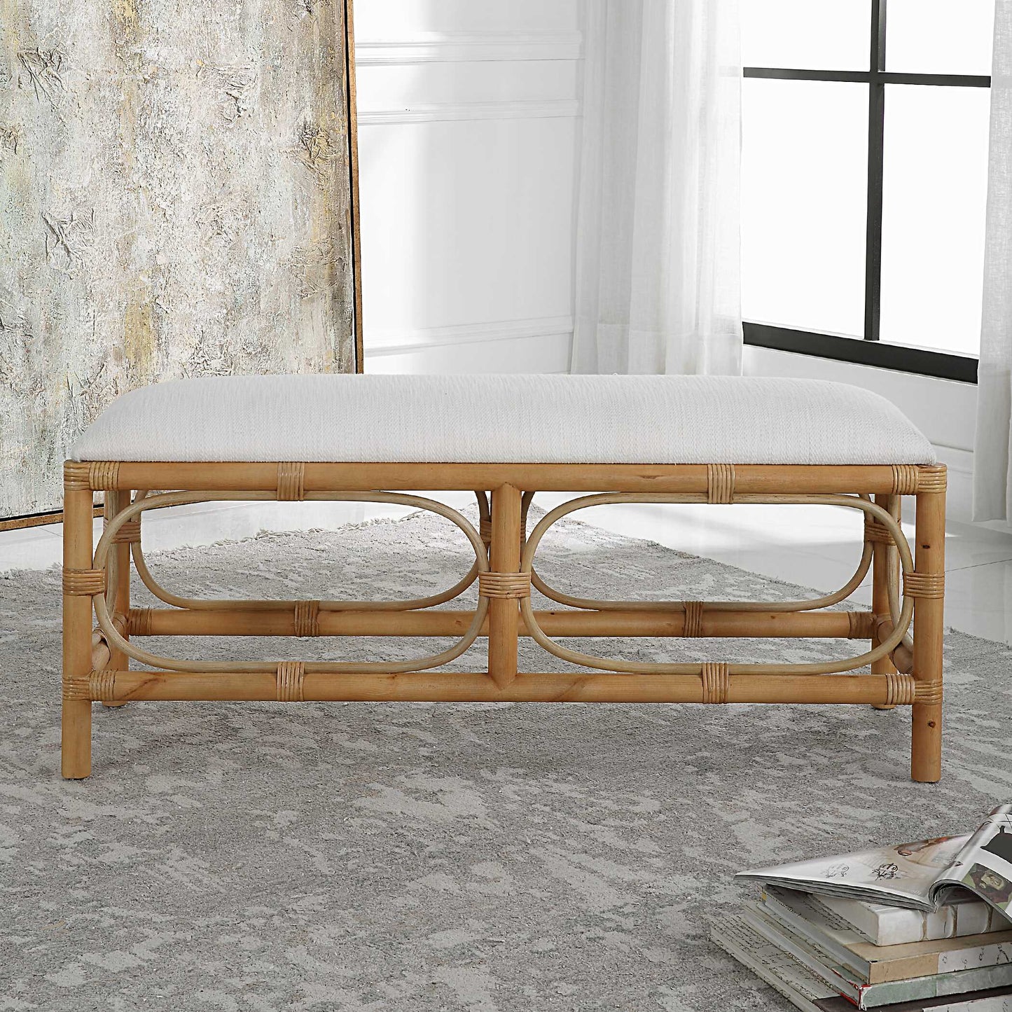 Laguna White Fabric Rattan Bench