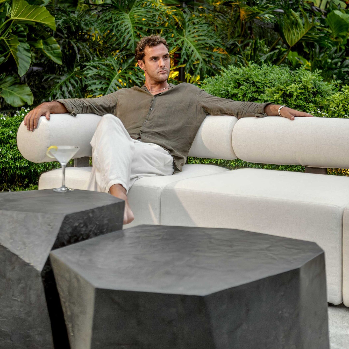 Bolster Back White Armless Outdoor Sofa
