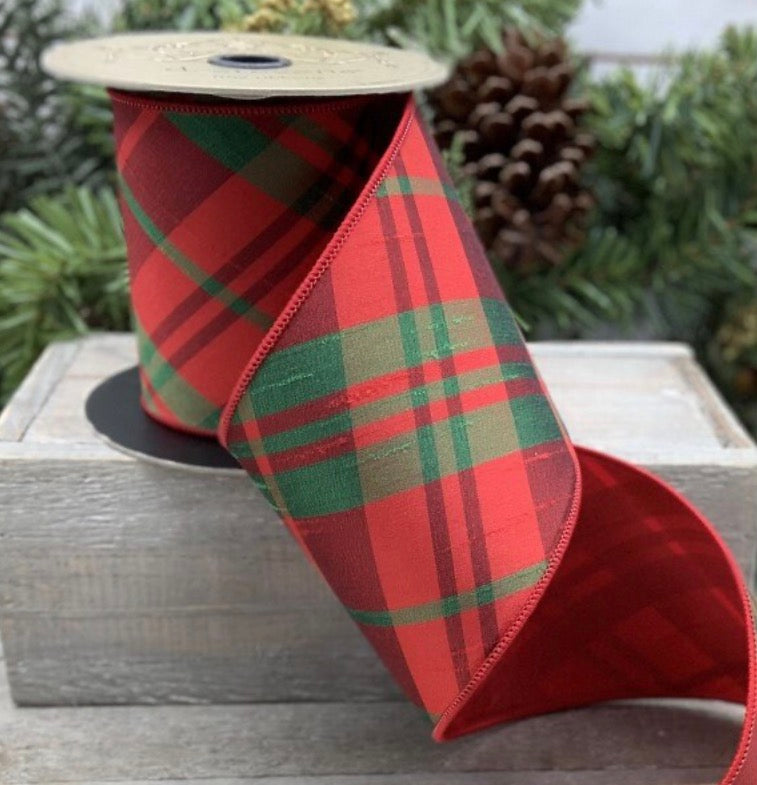 Diagonal Red/Green Plaid Ribbon - 4”