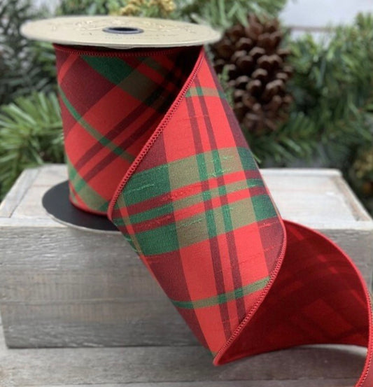 Diagonal Red/Green Plaid Ribbon - 4”