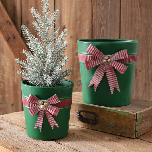 Green Christmas Buckets with Bows - Set of 2