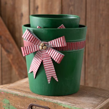 Green Christmas Buckets with Bows - Set of 2