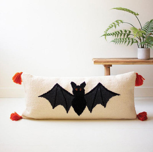 Halloween Hand-Hooked Bat Pillow