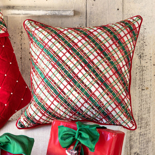 Holiday Cheer Plaid Sequin Pillow