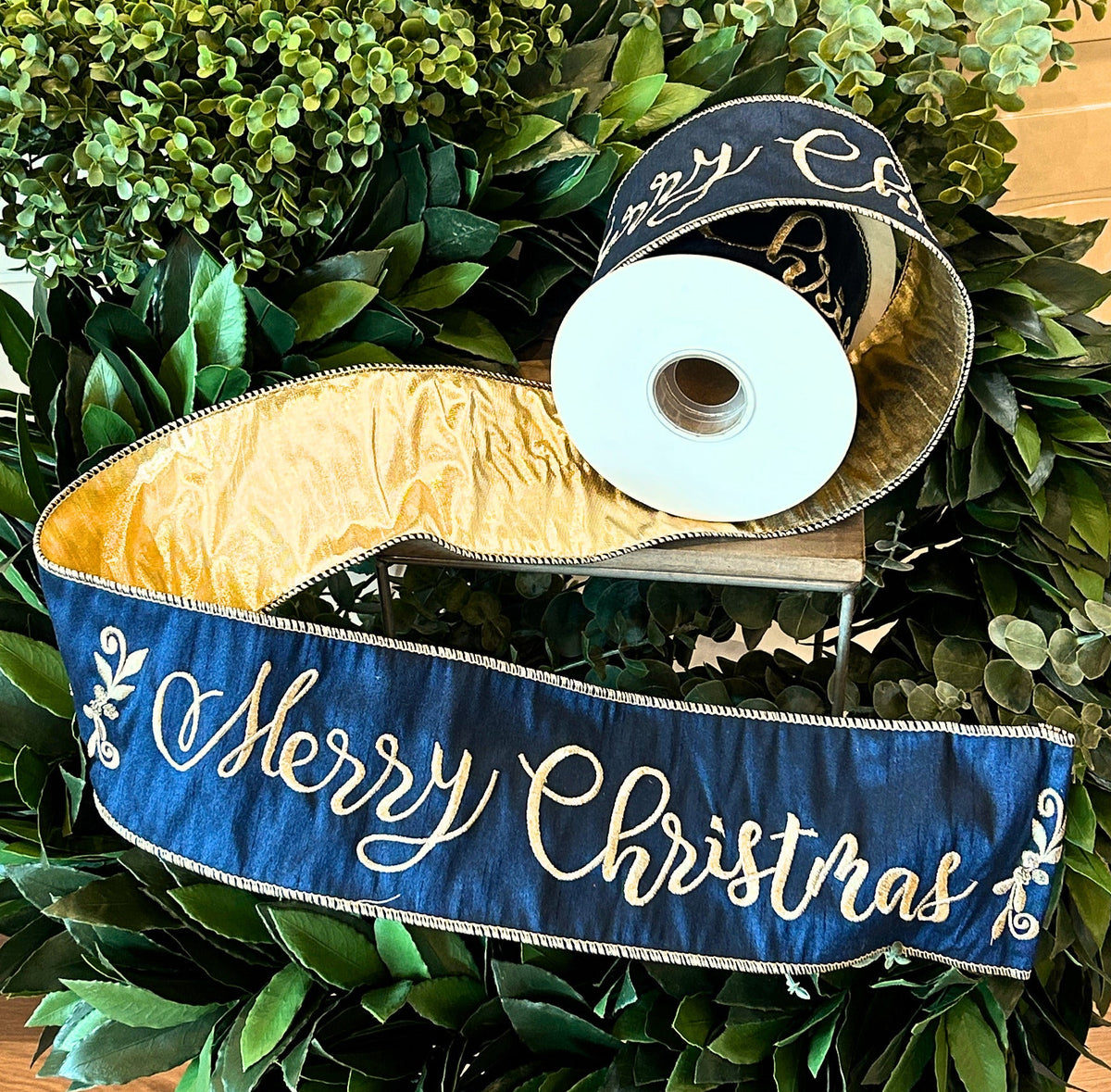 Blue Merry Christmas Ribbon - 4”x5yds