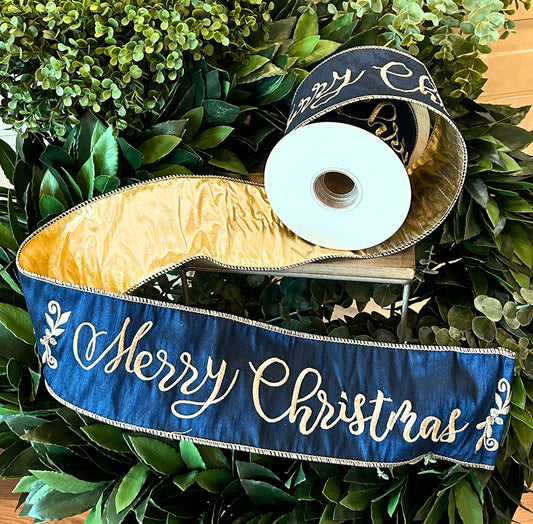 Blue Merry Christmas Ribbon - 4”x5yds