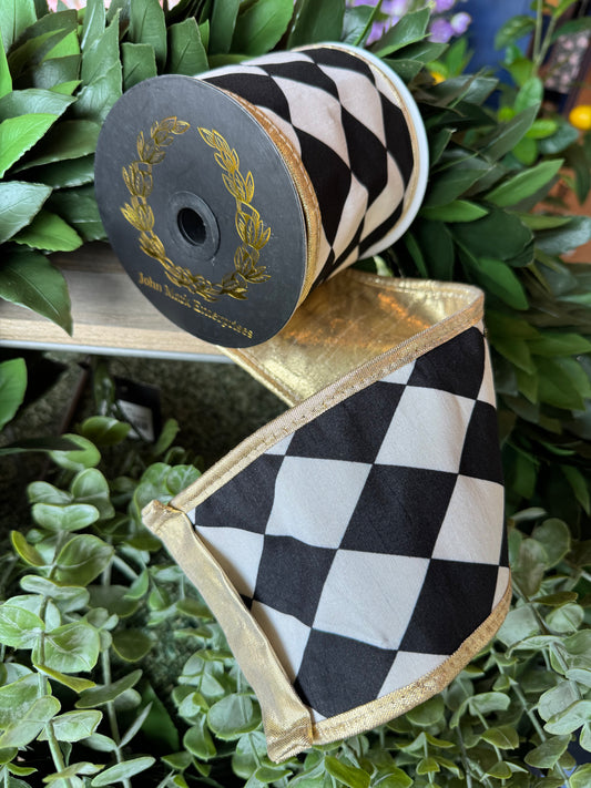 Black/White/Gold Harlequin Ribbon - 4"x 5yd