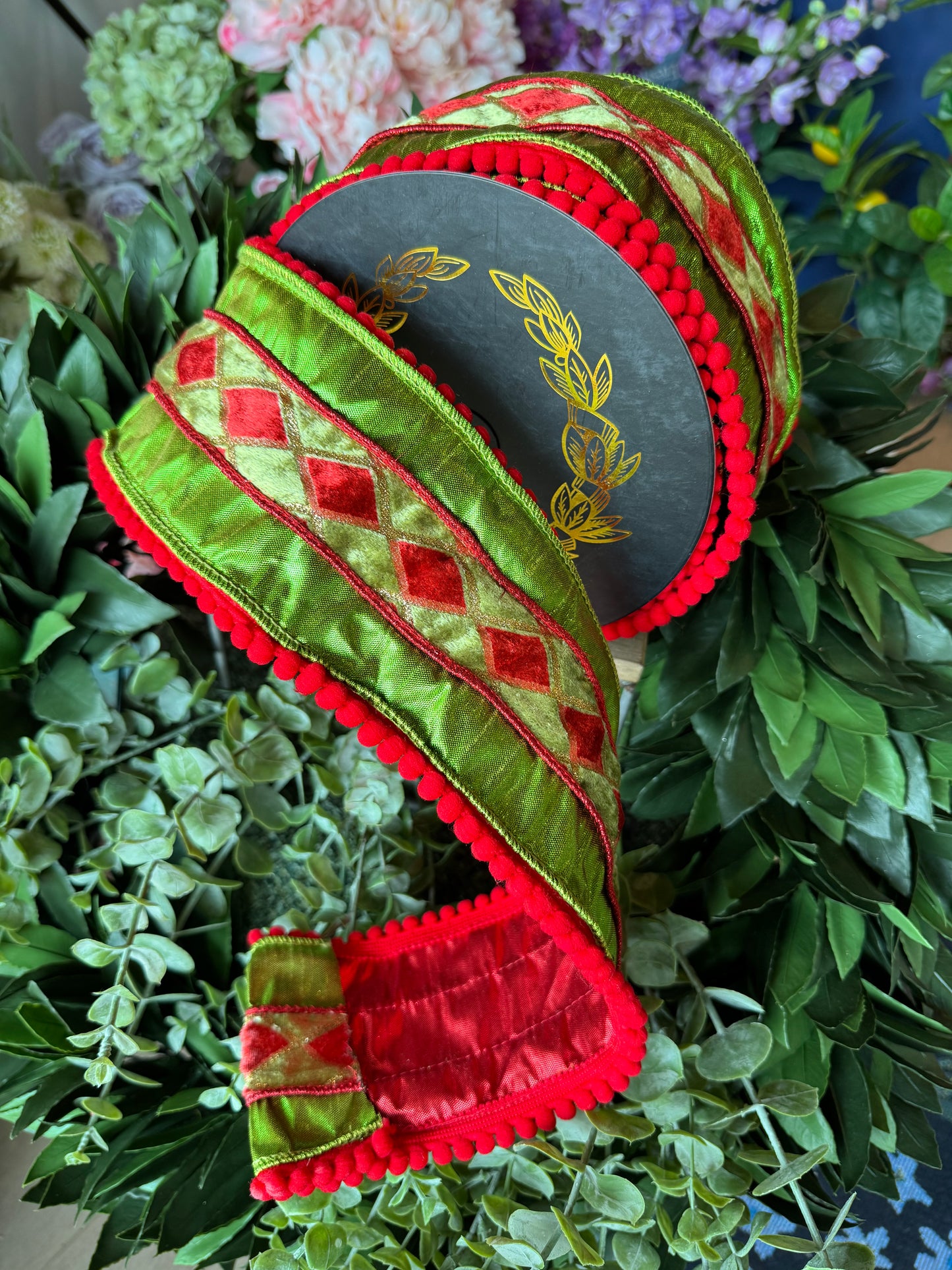 Green Metallic Ribbon w/ Red Pom Pom - 4"x10yd
