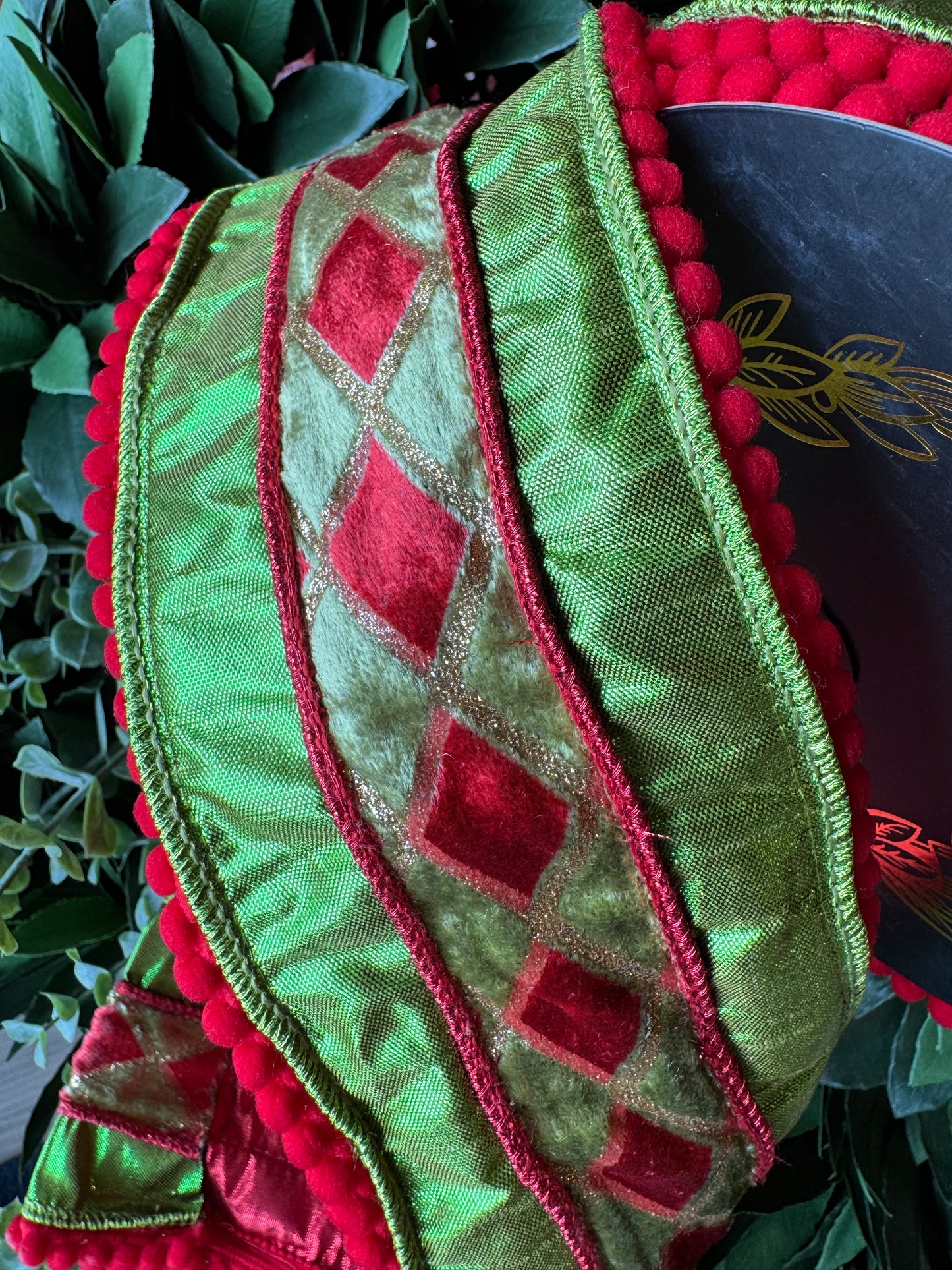 Green Metallic Ribbon w/ Red Pom Pom - 4"x10yd