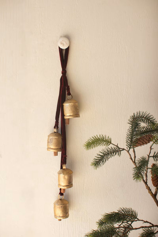 Jingle Bell Cluster on Maroon Velvet Ribbon - Set of 2
