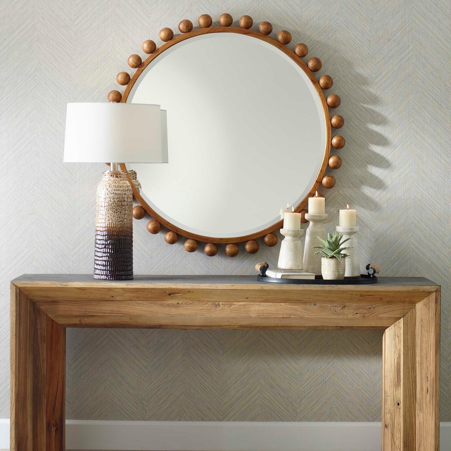 Cyra Wood Beaded Round Mirror