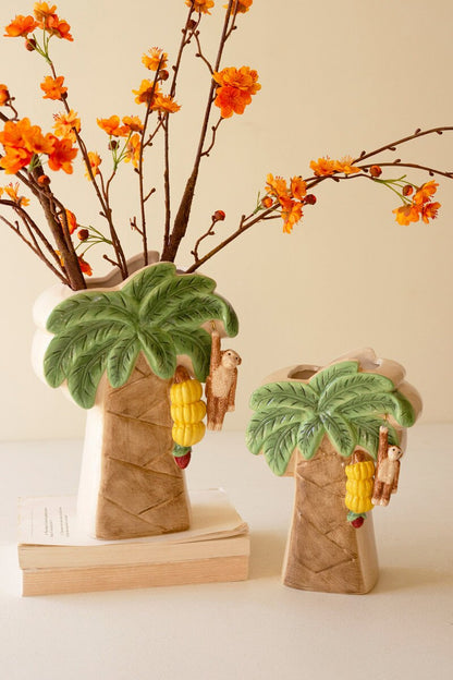 Palm Tree Vases w/ Dangling Monkeys - Set of 2
