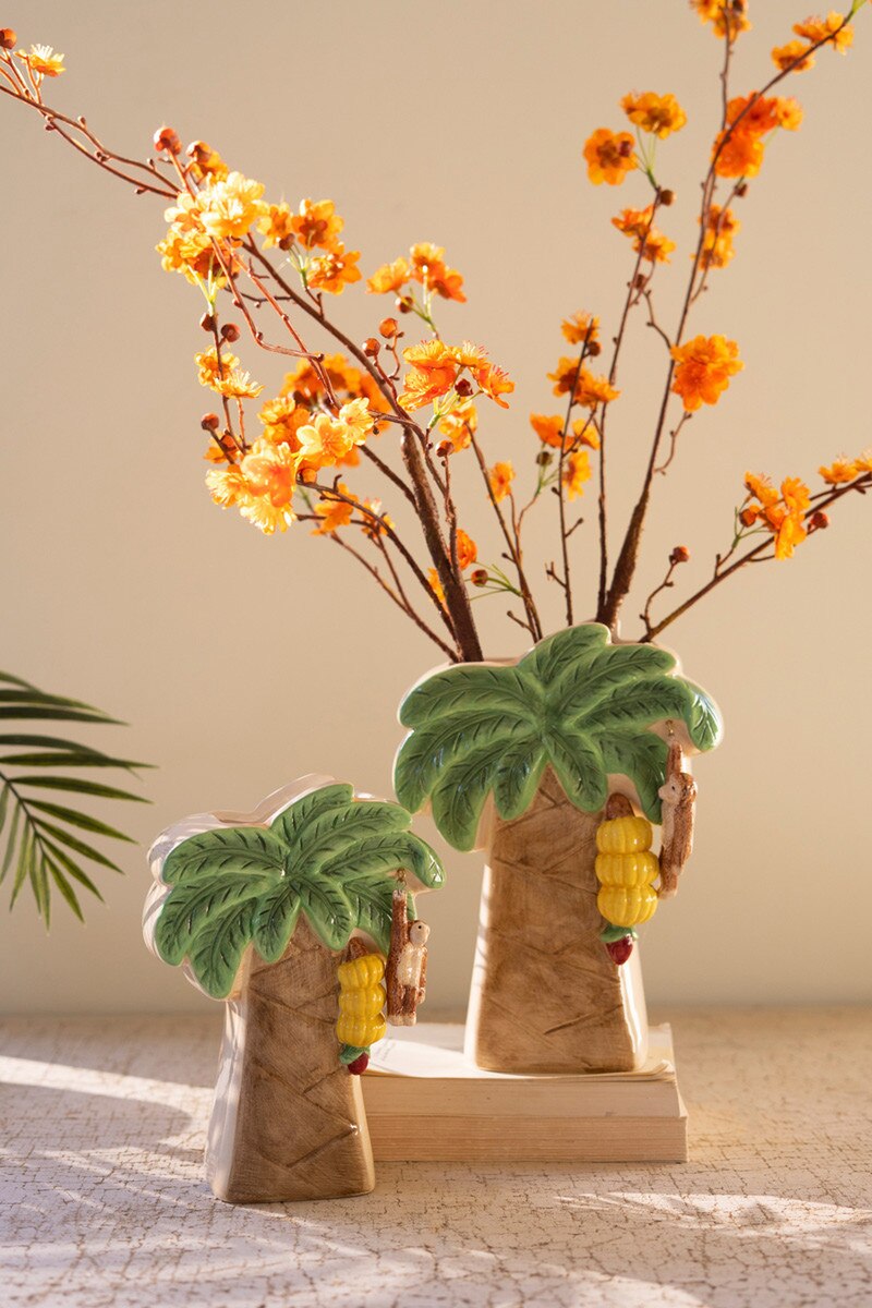 Palm Tree Vases w/ Dangling Monkeys - Set of 2