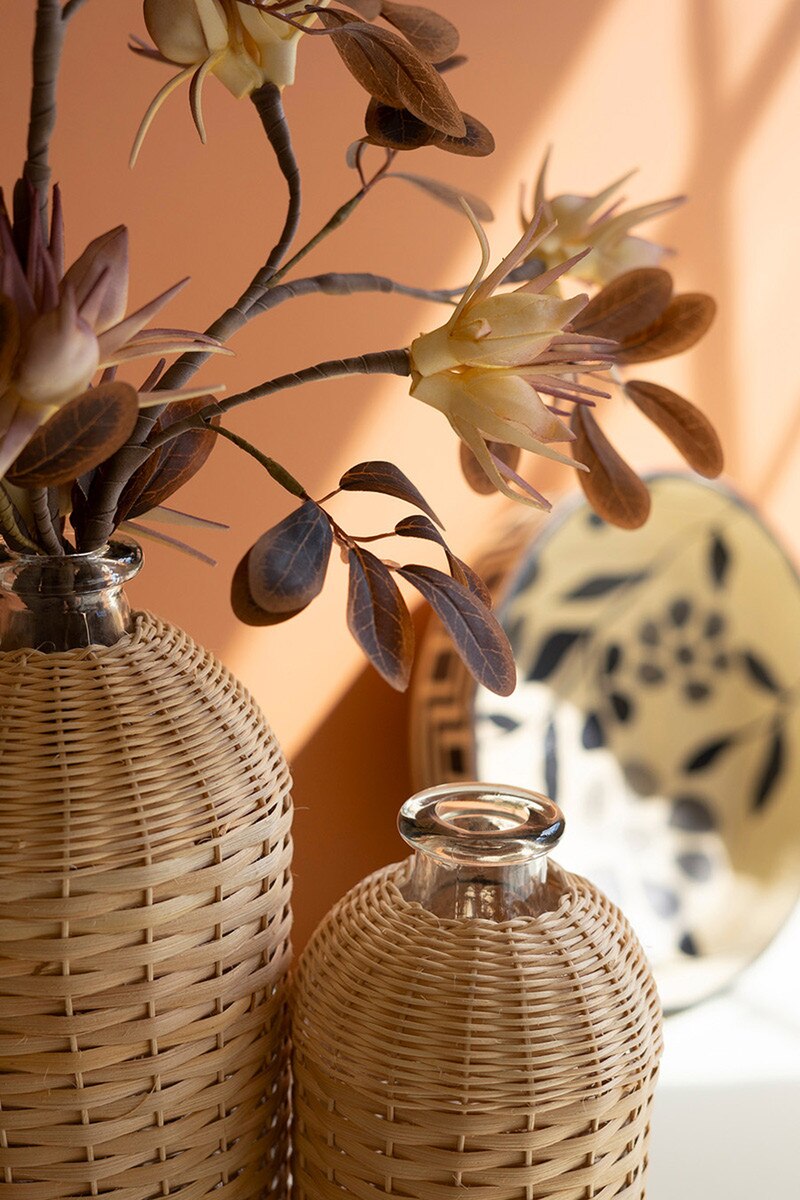 Rattan Wrapped Glass Vases Close-up