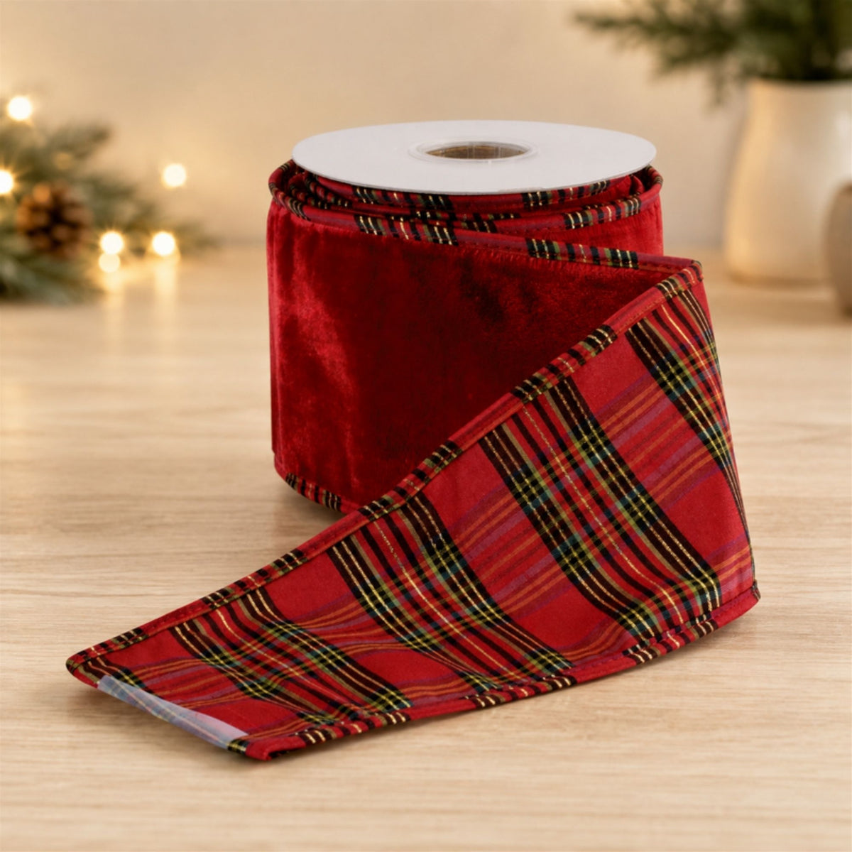 Red Plaid & Velvet Ribbon - 5yds