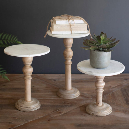 Set of 3 Wooden Display Stands with Marble Tops