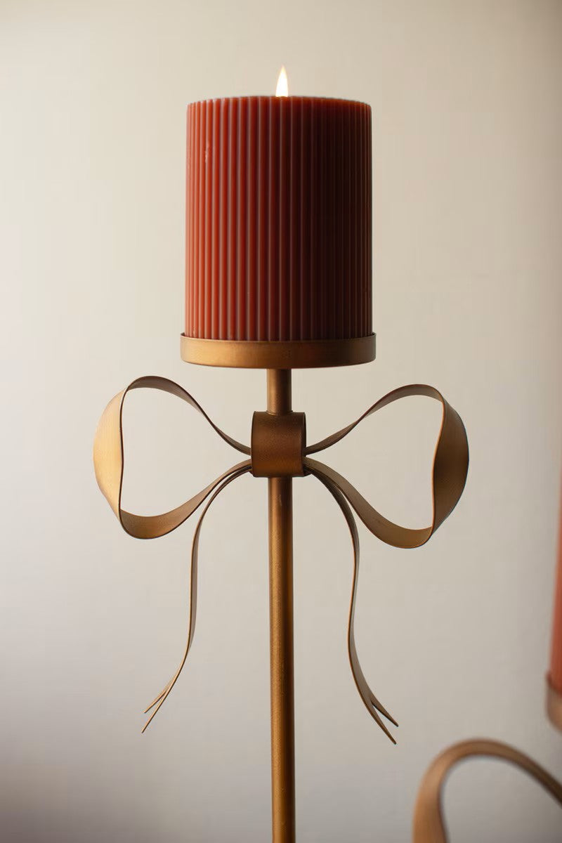 Set of 3 Antique Brass Pillar Candle Stands with Bow Detail
