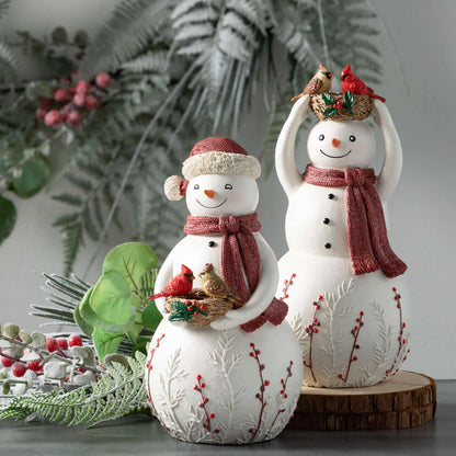 Snowmen with Birds Christmas Figurines