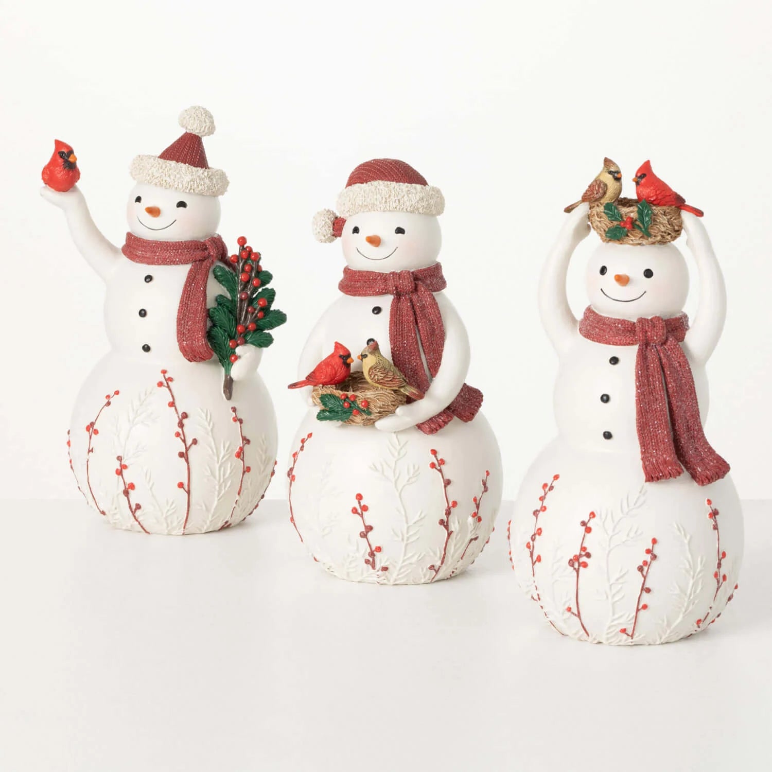 Snowmen with Birds Figurines